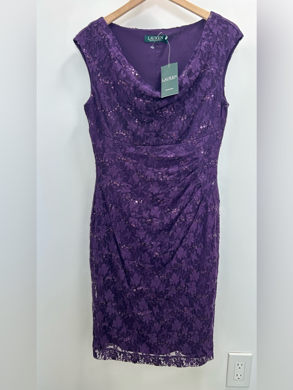 Ralph Lauren Deep Purple Lace Mini Dress with Sequins women’s size 8 NWT